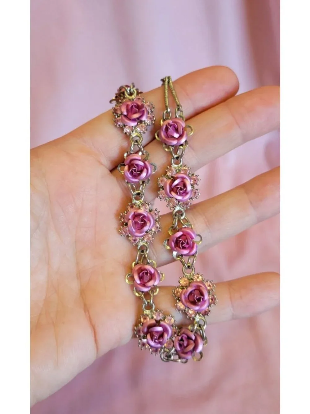 Vintage Avon Nina Ricci Silver Tone Pink Rhinestone Flower Choker Necklace N1A